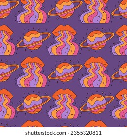 Seamless pattern with abstract psychedelic rainbow lips and planets. 70s and 80s space background. Trippy art. Vintage hippie texture. Groovy vector graphic. 