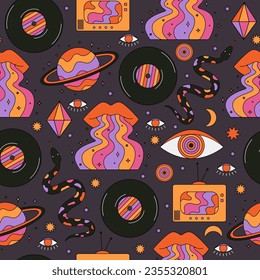 Seamless pattern with abstract psychedelic rero elements. 70s and 80s geometric space background. Trippy art. Vintage hippie texture. Groovy vector graphic. 