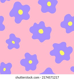 Seamless pattern with abstract purple daisy flowers. Cute blossom floral vector background in y2k aesthetic. 90s, 00s, retro style. Naive art