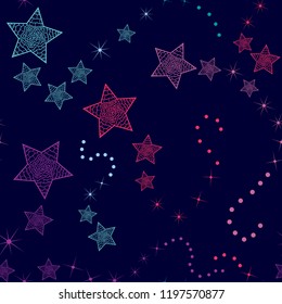 Seamless pattern with abstract purple ,pink and blue comets on a dark purple beckground