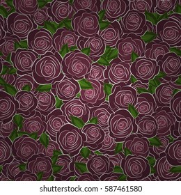 Seamless pattern with abstract purple stylized roses and green leaves. Vector illustration.