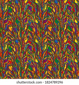 Seamless pattern with abstract rain multicolor mosaic in bright hues, vector hand drawing