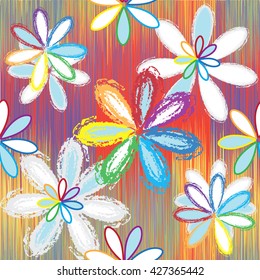 Seamless pattern with abstract rainbow flowers on grunge striped colorful background