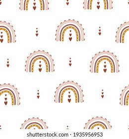 Seamless pattern with abstract rainbow and hearts. Contemporary design for wallpaper and home decor. Modern vector illustration in boho style.