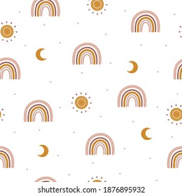 Seamless pattern with abstract rainbow and moon. Contemporary design for wallpaper and home decor. Modern vector illustration in boho style.