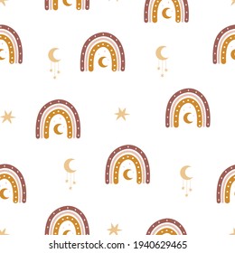Seamless pattern with abstract rainbow and moon. Contemporary design for wallpaper and home decor. Modern vector illustration in boho style.