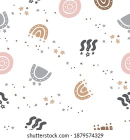Seamless pattern with abstract rainbows, circles, shapes in pastel colors isolated on white. Background for wrapping paper, wallpaper. Print on fabric in vintage boho style. Flat vector illustration.