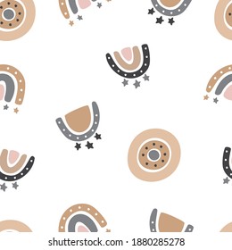Seamless pattern with abstract rainbows, circles, shapes in pastel colors isolated on white. Background for wrapping paper, wallpaper. Print on fabric in vintage boho style. Flat vector illustration.