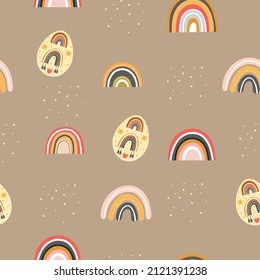 Nahtloses Muster mit abstrakten Regenbogen und dekorativem Osterei, Happy-Osterhintergrund, digitales Papier, Umhüllung.