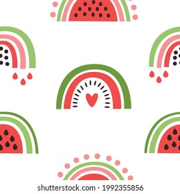 Seamless pattern with abstract rainbows like fruit watermelon, in simple flat style. Summer print can be used for packaging, wrapping paper, textile, home decor etc.