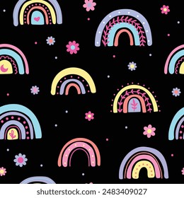 Patrón sin fisuras con arco iris abstracto sobre fondo oscuro. Ilustración vectorial. Textura para estampado, textil, tela, embalaje.