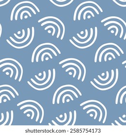 Seamless pattern with abstract rainbows. Simple repeat print for companion fabrics, baby clothing and textiles. Navy wallpaper in pale blue, white hand-drawn elements. Texture for backdrops, covers.