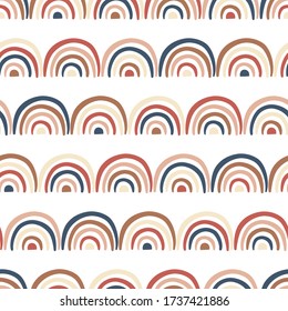 Seamless pattern with abstract rainbows in soft colors.  Hand drawn style vector illustration for invitations, prints, wrapping paper, greeting cards, wallpaper or decoration