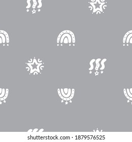 Seamless pattern with abstract rainbows and stars in grey color isolated on white. Background for wrapping paper, wallpaper. Print on fabric in vintage boho style. Flat vector illustration.
