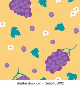 Seamless pattern with abstract red or black grapes and fruit tree flowers on a yellow background. Vector stock illustration with random doodle fruits as texture or backdrop for print