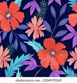 Patrón sin foco con flores coloreadas rojas abstractas y diversos elementos botánicos acuarelas. Ilustración vectorial dibujada a mano.