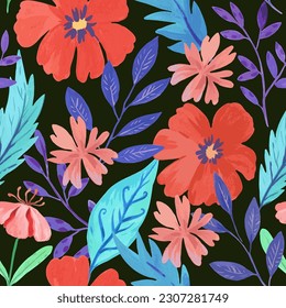Seamless pattern with abstract red colorful flowers and various watercolor botanical elements. Hand drawn vector illustration.