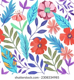 Patrón sin foco con flores coloreadas rojas abstractas y diversos elementos botánicos acuarelas. Ilustración vectorial dibujada a mano.