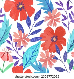 Seamless pattern with abstract red colorful flowers and various watercolor botanical elements. Hand drawn vector illustration.