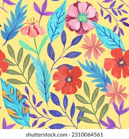 Seamless pattern with abstract red colorful flowers and various watercolor botanical elements. Hand drawn vector illustration.