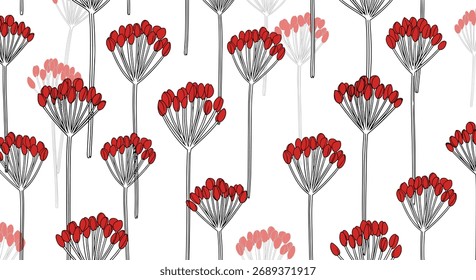 Um padrão perfeito de motivos florais vermelhos abstratos com hastes esboçadas pretas.
