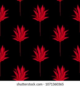 Seamless pattern with abstract red flowers on black background. Vector illustration.