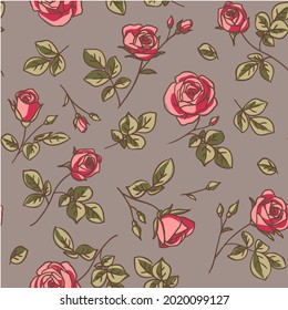 Seamless pattern. Abstract red garden roses with green leaves on gray background. Vintage flowers wallpaper. Vector stock illustration.