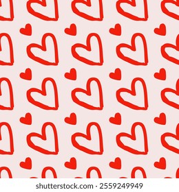 Seamless pattern with abstract red heart silhouette and shape. Cute pink background for Valentine's Day or wedding wrapping or fabric design. Vector stock illustration.