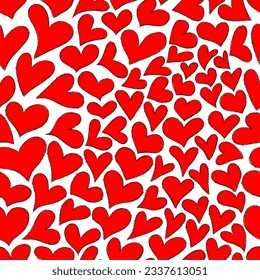 Seamless pattern with abstract red hearts. Hand drawn ink print for fabric, textiles, wrapping paper. Vector illustration