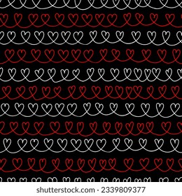 Patrón sin brillo con corazones rojos abstractos en una línea sobre fondo negro. Impresión de tiza dibujada a mano para tela, textiles, papel de envoltura. Ilustración del vector