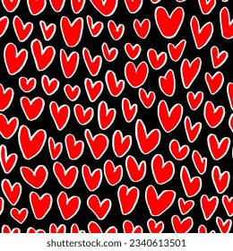 Seamless pattern with abstract red hearts on black background. Hand drawn chalk print for fabric, textiles, wrapping paper. Vector illustration