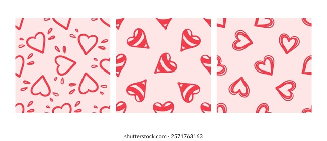 Seamless pattern with abstract red hearts on pink background in doodle style