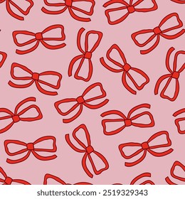 Patrón sin fisuras con cintas rojas abstractas. Fondo de Vector con lazos en estilo retro. Estética Coquette y Balletcore