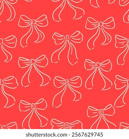 Seamless pattern with abstract red ribbons. Vector flat background with bows in retro style. Coquette and balletcore aesthetic