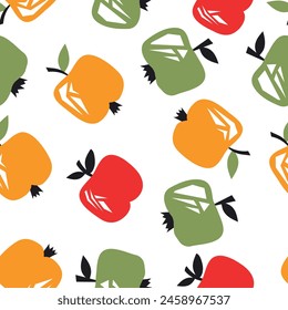 Seamless pattern of abstract red, yellow, green apples on a white background. Retro style tiling background, poster, textile, greeting card design.