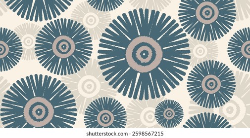 Seamless pattern with abstract repeating structure, randomly distributed circles. Art Folk motif. Vector geometric background. Design for background, curtain, carpet, wallpaper, clothing, Batik