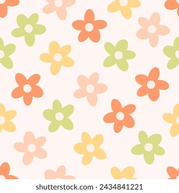 Seamless pattern with abstract retro aesthetic daisy flowers. Vintage floral art prints. Hippie 60s, 70s, 80s style. Vector illustration in flat style