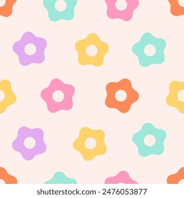 Seamless pattern with abstract retro aesthetic daisy flowers. Vintage floral art prints. Hippie 60s, 70s, 80s style. Vector illustration in flat style