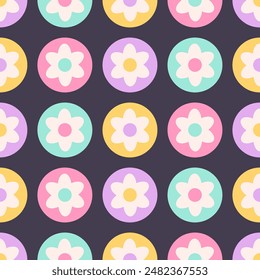 Seamless pattern with abstract retro aesthetic daisy flowers. Vintage floral art prints. Hippie 60s, 70s, 80s style. Vector illustration in flat style