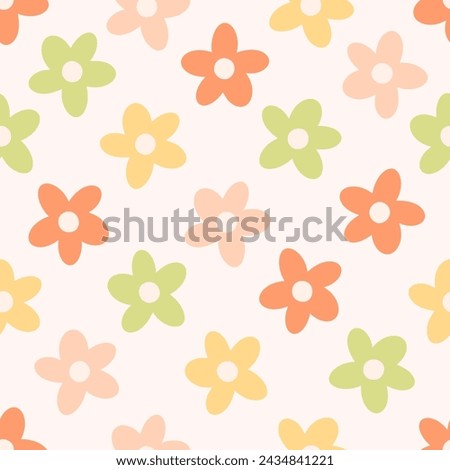 Seamless pattern with abstract retro aesthetic daisy flowers. Vintage floral art prints. Hippie 60s, 70s, 80s style. Vector illustration in flat style