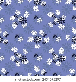 Patrón sin fisuras con flores silvestres retro abstracto florece sobre fondo azul. Papel digital floral ditsy vintage