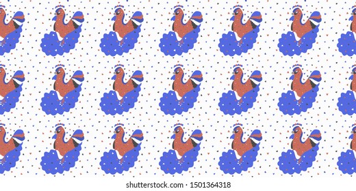 Seamless pattern of abstract roosters on wavy spots and hearts on a white background. Scandinavian style. Design for textile, wallpaper, wrapping, etc. Vector.