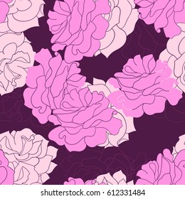 Seamless pattern with abstract rose closeup.Large pink flowers with contour on a purple background.Floral vector illustration  for prints,book covers, textile,fabric,wrapping gift paper.