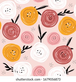 Seamless pattern with abstract roses. Floral cute print. Vector hand drawn illustration.