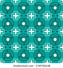 Seamless pattern with abstract round black shapes and white crosses on a green field. Vector illustration