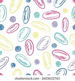 Seamless pattern with abstract round and oval figures in bright brush stroke texture isolated on white. Hand drawn vector sketch illustration in vintage charcoal ink. Abstract background, doodle print