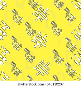 Seamless pattern with abstract routing on colorful background with lettering of reference for components "D, Q, F". Abstract pcb design.