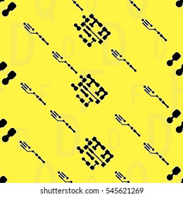 Seamless pattern with abstract routing on colorful background with lettering of reference for components "D, F, Q". Abstract pcb design.