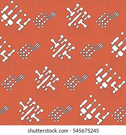 Seamless pattern with abstract routing on colorful background with lettering " inch, mm, mil". Abstract pcb design.