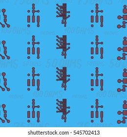 Seamless pattern with abstract routing on colorful background with lettering  "50 OHMS, 75 OHMS, 100 OHMS". Abstract pcb design.